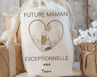 kit de survie future maman pochon sac beige en coton canvas personnalisé cadeau de naissance pour maman