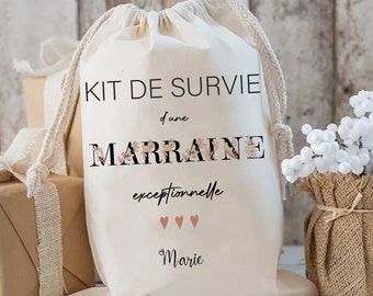 kit de survie future marraine pochon sac beige  personnalisé cadeau annonce marraine cadeau parrain marraine, cadeau baptême marraine