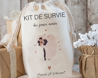 kit de supervivencia personalizado recién casados EVJF EVG regalo de boda bolsa personalizada futuros recién casados