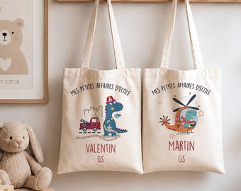 Personalized children's tote bag with first name - Nursery school bag - Firefighter, dinosaur, helicopter motifs - Children's library bag