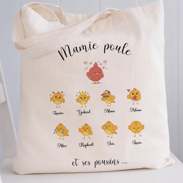 tote bag Mamie poule et ses poussins personnalisé sac personnalisable/cabas fête des grands mères/cabas fête des mamie prénom petit enfant