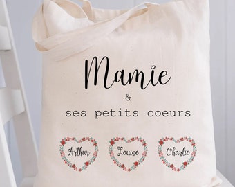 tote bag Cœur fleuri Mamie et ses petits cœurs cabas mamie personnalisable cabas fête des grands mères fête des mamie prénom petit enfant