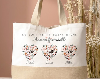 sac cabas Maman Personnalisé avec Prénoms – Le Joli Bazar d'une maman formidable – Sac Cabas Coton – Cadeau Fête des Mères Original