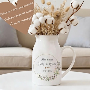 Personalisierte Vase zum Hochzeitstag – Baumwollhochzeitstag – Geschenk zum 1. Hochzeitstag – Jahrestag des Paares – Erinnerungsstück zur Hochzeit