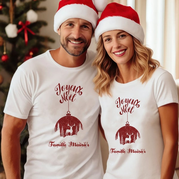 tee shirt noël famille, t-shirt renne de Noël, tenue Noël personnalisée, t-shirt famille assorti pull de Noël