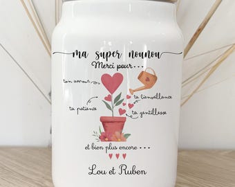 Pot à biscuits personnalisé/pot super nounou cœur/pot à cookie personnalisé/pot céramique personnalisable/cadeau personnalisé nounou/nounou