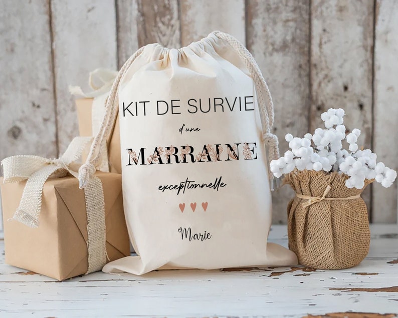 kit de survie future marraine pochon sac beige personnalisé cadeau annonce marraine cadeau parrain marraine, cadeau baptême marraine image 1