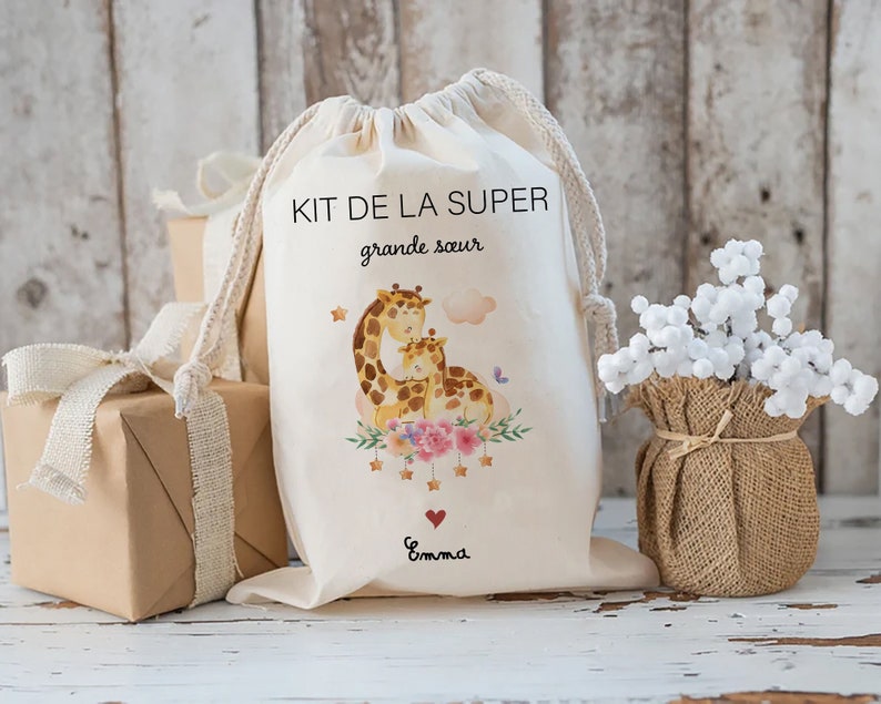 pochon personnalisé kit de la super grande sœur kit de survie pochon sac en coton personnalisé cadeau de naissance Super grande sœur image 1