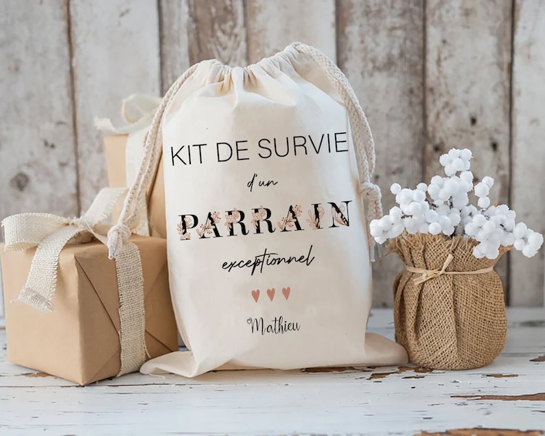 kit de survie futur parrain pochon sac beige personnalisé cadeau annonce parrainage cadeau parrain marraine, cadeau baptême parrain image 1