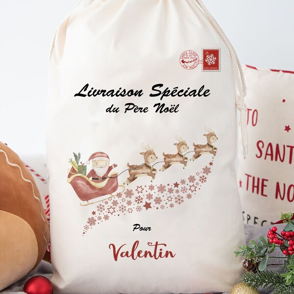 Hotte de Noël personnalisée/ hotte enfant personnalisable/sac de noël personnalisable/ hotte prénom enfant/sac cadeaux noël/Père Noël