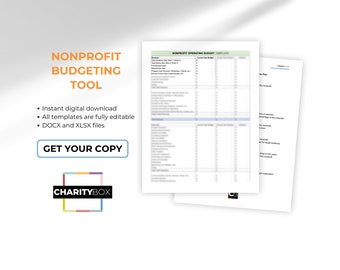 Może przedstawiać: Cyfrowy plik do pobrania dla narzędzia budżetowania organizacji non-profit. Obraz pokazuje zrzut ekranu arkusza kalkulacyjnego z tytułem "Budżet operacyjny organizacji non-profit". Tekst na stronie mówi "Natychmiastowy pobranie cyfrowe", "Wszystkie szablony są w pełni edytowalne", "DOCX i XLSX files", i "Pobierz swoją kopię". Obraz pokazuje również logo CharityBox.