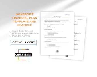 Może przedstawiać: Cyfrowy szablon do pobrania dla planu finansowego organizacji non-profit. Szablon jest w pełni edytowalny i dostępny w formatach DOCX i XLSX. Obraz zawiera tekst "Szablon planu finansowego organizacji non-profit i przykład", "Natychmiastowe pobranie cyfrowe", "Wszystkie szablony są w pełni edytowalne", "Pliki DOCX i XLSX", oraz "Pobierz swój egzemplarz".