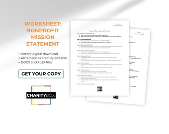 Może przedstawiać: Arkusz roboczy zatytułowany "Worksheet: Nonprofit Mission Statement" z niebieskim i pomarańczowym przyciskiem z napisem "Get Your Copy" oraz logo CharityBox. Arkusz roboczy to przewodnik, który pomoże organizacjom non-profit w napisaniu ich oświadczenia misyjnego.