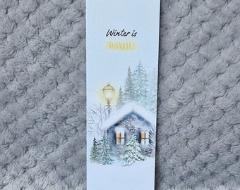 Winter cabin bookmark|Snow scene page holder|frosy cabin in the woods book accessory