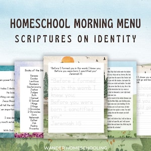 Pode incluir: Um conjunto de folhas de trabalho imprimíveis para o ensino doméstico com um tema de natureza. As folhas de trabalho apresentam versículos bíblicos sobre a identidade, incluindo "Antes de te formar no ventre de tua mãe, eu te conheci. Antes de você nascer, eu te santifiquei." Jeremias 1:5. As folhas de trabalho são projetadas para traçar e copiar.