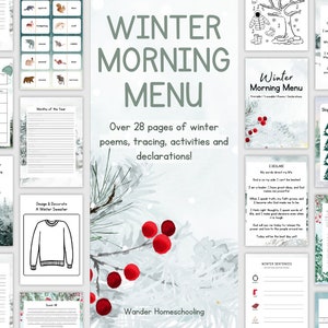 May include: A winter-themed educational printable with the title "Winter Morning Menu." The cover features text and illustrations, including a sweater design and winter-related activities. The menu includes poems, tracing, and declarations.