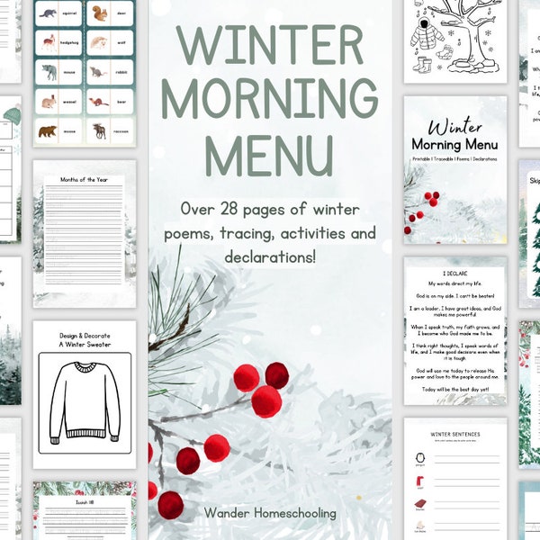 Homeschool Morning Menu Winter Activities | Christian Printables | Winter Educational Activities | Morning Menu Page | Calendar | Traceable