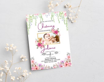 Pink Floral Christening Invitation, Baptism Invitation Template, Baby Shower Announcements Cad