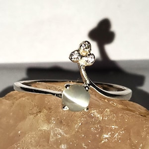 Cat&#39;s Eye & Zirconia Skinny band stackable Ring 925 Sterling Silver Bypass silver ring Genuine Chrysoberyl Cat&#39;s Eye Ring Promise Gift Ring
