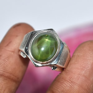 Star Sapphire Men&#39;s Ring 925 Sterling Silver Vintage Lab Created Star Sapphire Signet ring Power Birthstone ring Gift For Him Handmade Ring