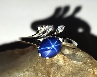 Genuine Blue Star Sapphire Ring 925 Sterling Silver / Blue Star Sapphire Ring for Women