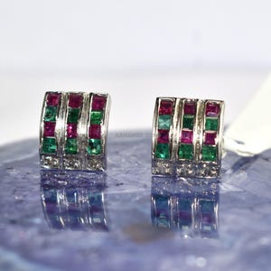 Gorgeous Emerald Ruby And Diamond 925 Sterling Silver Stud Earring - Handmade Women Jewelry