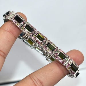 Green & Pink Tourmaline Sterling Silver Bracelet: Handmade Tennis Jewelry