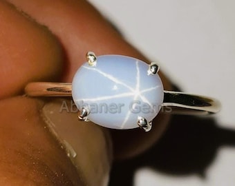 Light Star Sapphire Solitaire 925 Sterling Silver Vintage 6 Ray Lab Created Star Sapphire ring Power Birthstone ring Handmade Ring