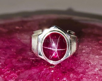 Star Ruby Men&#39;s Ring 925 Sterling Silver Vintage Lab Created Star ruby Signet ring Power Birthstone ring Gift For Him Handmade Ring