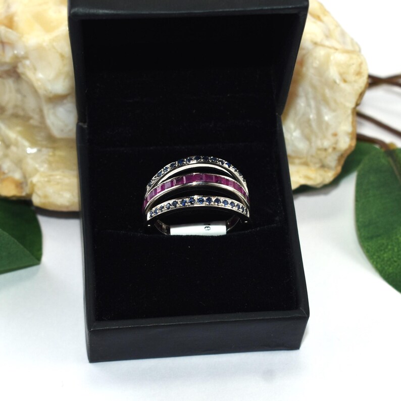 Ruby Sapphire Wrap Ring, Solid 925 Sterling Open Band Ring, Natural Ruby & Blue Sapphire Statement Ring, Fine Jewelry Gift 画像 11