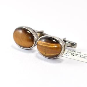 925 Sterling Silver Cuff Links | Gemstone Cuff Links | Handmade Cuff Links | Natural Tiger&#39;s Eye Gemstone |Solid Silver Cuff Links For Groom