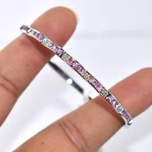 Pink Sapphire Square cut Bracelet, White Gold Tennis Bangle, Birthday Gift For Mother, Sapphire Bezel Bracelet, Pink Sapphire Jewelry Gift