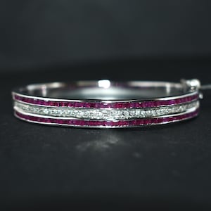 Beautiful Modern Crafted Design Natural Tiny Baguette Ruby Bangle with Diamond Accents in Solid 925 Sterling Silver