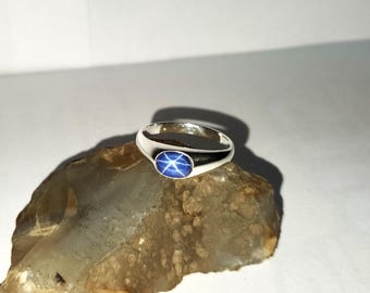 Bague Chevalière Saphir étoile Bleu Naturel Argent Sterling 925 - Taille Sur Mesure - Neuf
