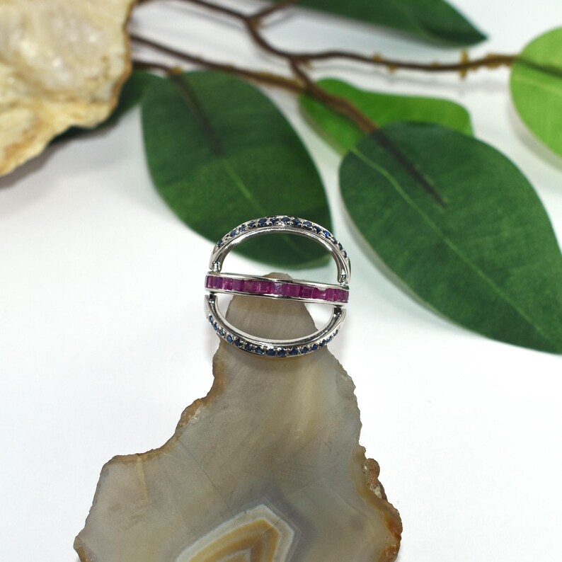 Ruby Sapphire Wrap Ring, Solid 925 Sterling Open Band Ring, Natural Ruby & Blue Sapphire Statement Ring, Fine Jewelry Gift 画像 9