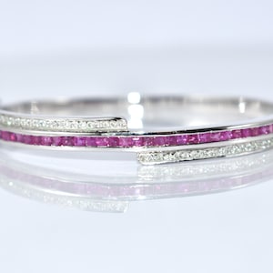 Ruby & Diamond Bangle, Sterling Silver Cuff Bracelet, July Birthstone Jewelry, Elegant Stackable Bangle, Handmade Gift for Her, Luxury Piece
