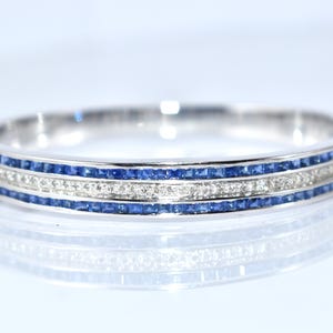 Elegant Blue Sapphire & Diamond Bangle | 925 Sterling Silver Bangle | Sparkling Minimalist Statement Bracelet | Fine Jewelry Gift for Her