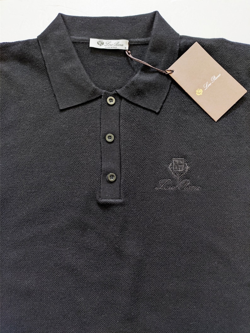 T-shirt polo noir en maille LORO PIANA taille M, L, logo image 4