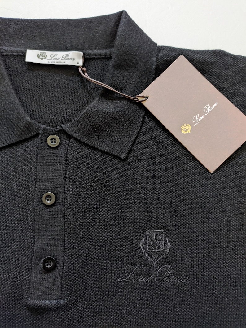T-shirt polo noir en maille LORO PIANA taille M, L, logo image 5