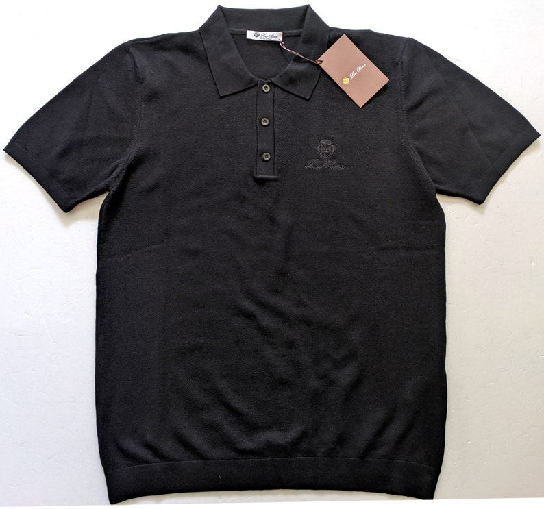 T-shirt polo noir en maille LORO PIANA taille M, L, logo image 1