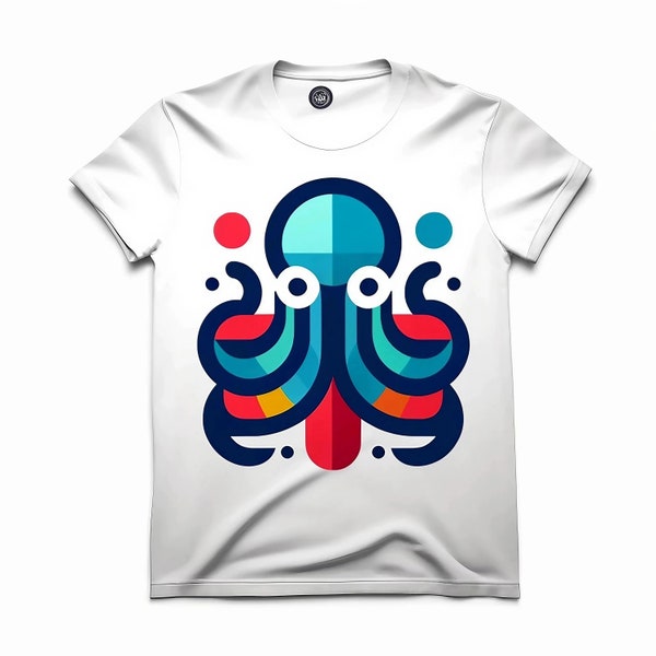 Octopus T-Shirt Unisex Geometri Shapes Vibrant Colorful Clean Lines Bold Fonts Heavy Cotton Tee Aquatic Animal Ocean Life Sea Creature Moody