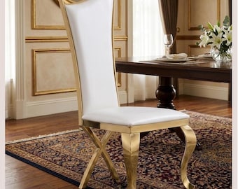 Upholstered High Back Dining Chairs, Curved Faux Leather, Gold X-Legs (Set of 2)