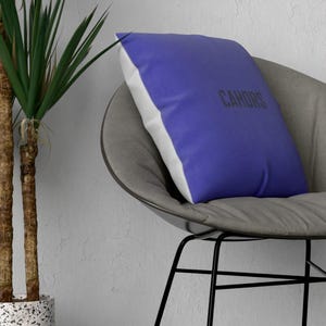 Puede incluir: Un cojín cuadrado con un panel frontal de color azul intenso sólido con la palabra CAHORS impresa en una fuente sans-serif gris oscuro, contrastado por un panel lateral blanco liso, apoyado en una silla gris junto a una planta verde alta.