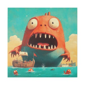 Arte mural, bestia marina y galeón en acuarela, decoración náutica caprichosa, magia del océano para niños y oficinas, impresión en lienzo, decoración del hogar