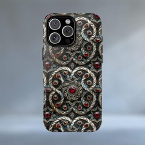 Celtic Ruby Knotwork Phone Case - Ornate Gemstone & Mother-of-Pearl Inspired Design | Luxury Protective Cover