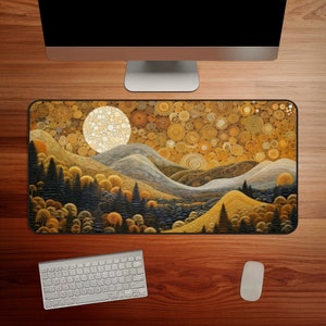May include: A digital art print depicting a landscape with a large, white moon in the sky. The landscape features rolling hills and trees, all rendered in shades of brown, yellow, and green. The moon is composed of many small circles, creating a textured effect.