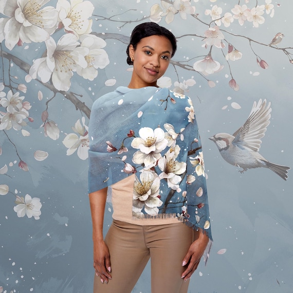 Cherry Blossom Sparrow Scarf: Sky Blue Watercolor Spring Accessory