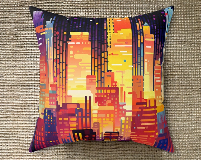 Cityscape Retro-Futuristic Throw Pillow: Eclectic Home Decor & Unique Gift