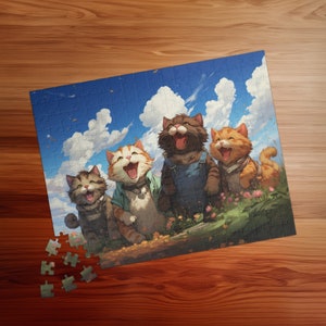 May include: A jigsaw puzzle featuring a group of four cartoon cats laughing joyfully. The cats are depicted with various fur colors and outfits, set against a backdrop of a blue sky with fluffy white clouds and green grass.