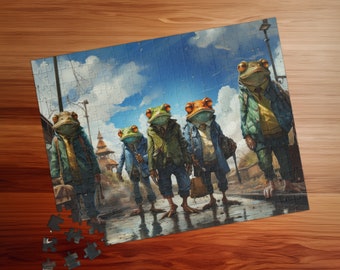 May include: Five green and orange frogs wearing clothes and carrying bags walk down a street in a cartoon illustration. The frogs are walking in a line, and the street is wet and reflective.